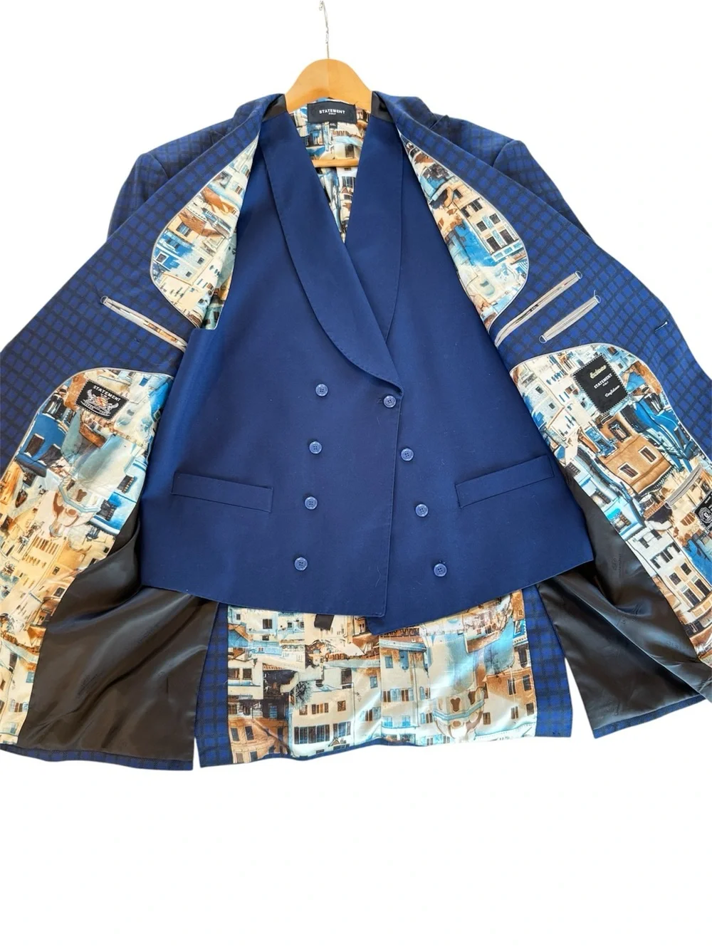 Statement Italy Mens 3‑Piece Suit - 44L Jacket/Vest, 40R Pants - Blue Check Wool